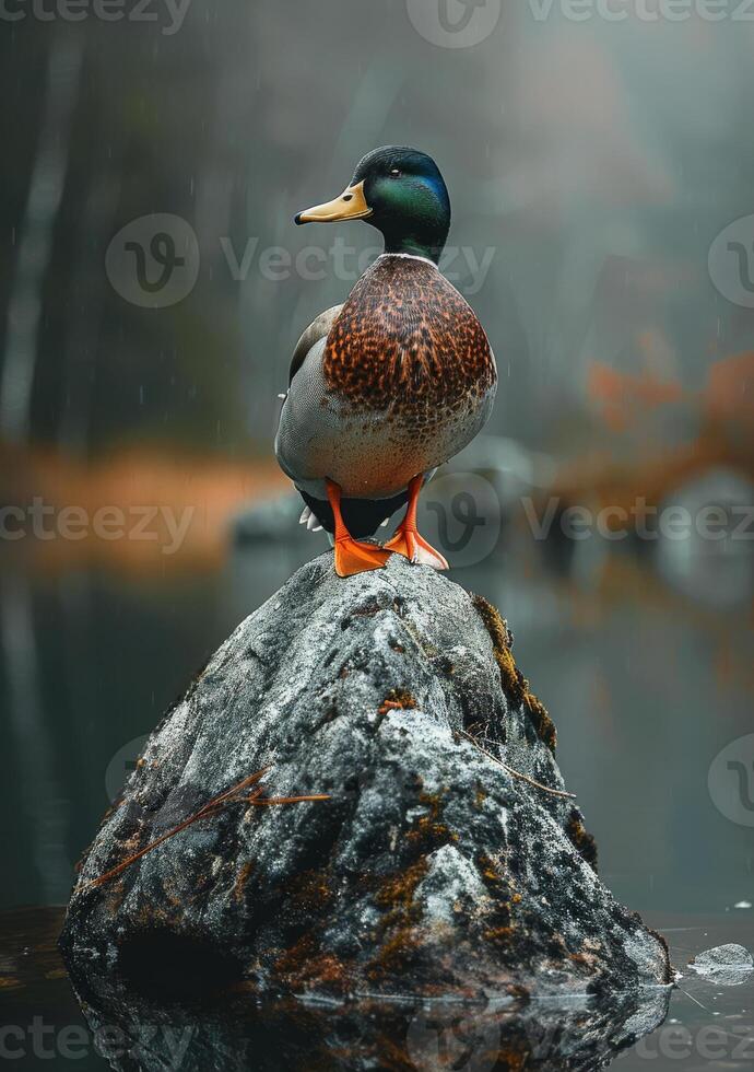 AI generated Duck sits on stone in the water in the rain photo