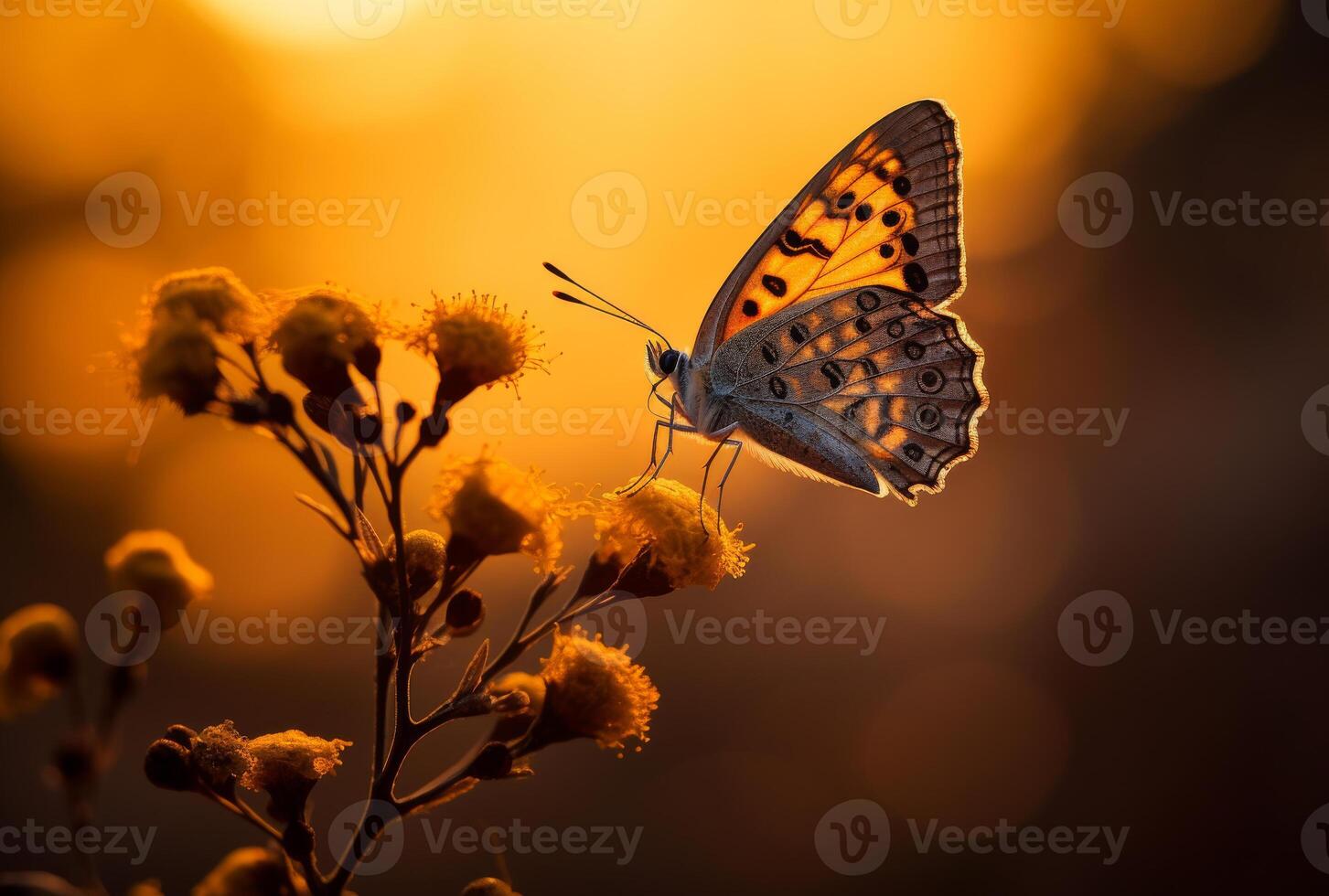 AI generated Butterfly on flower in the rays of the rising sun photo