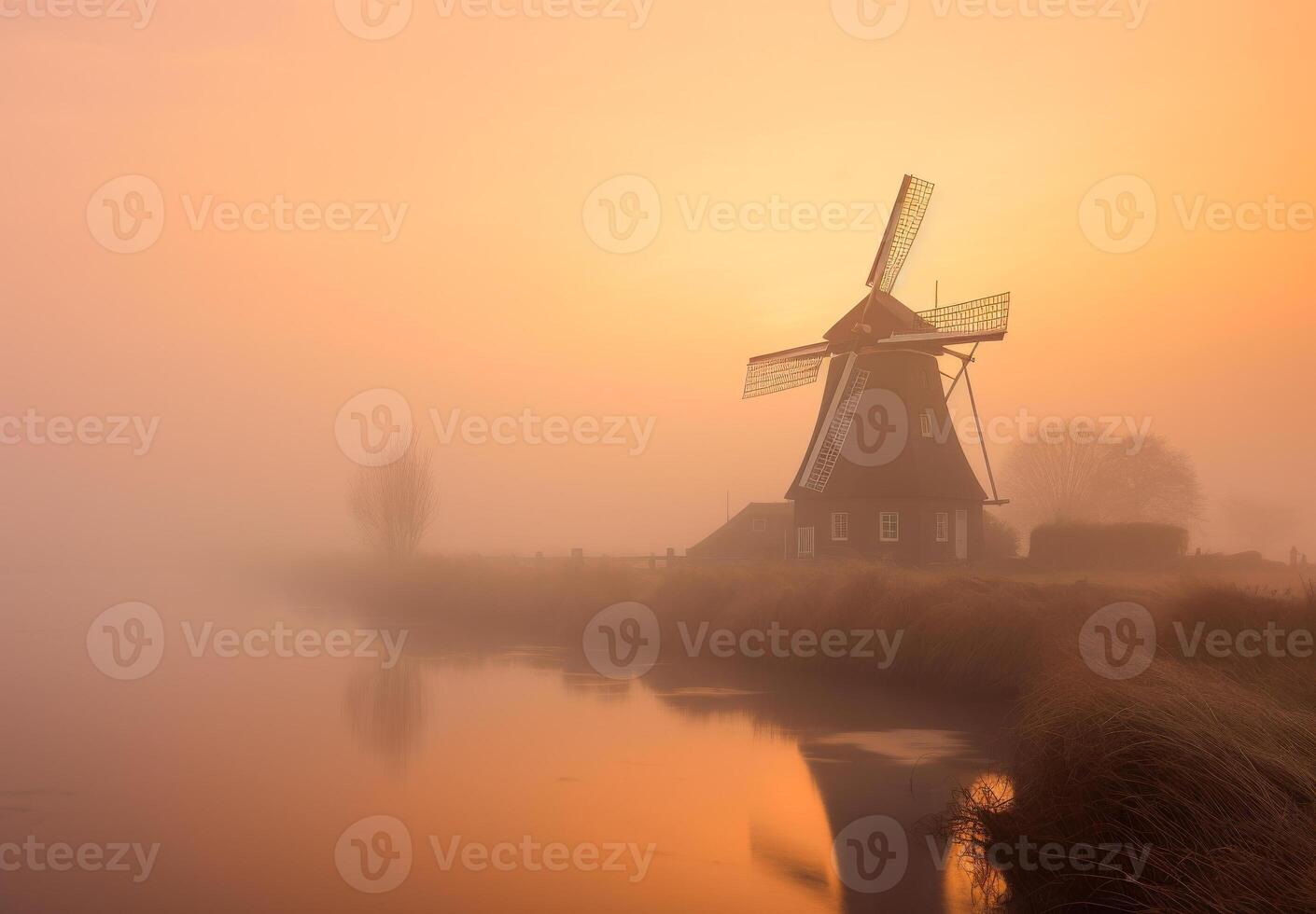 AI generated Windmill in foggy spring sunrise. A yellow windmill rises from a misty field photo