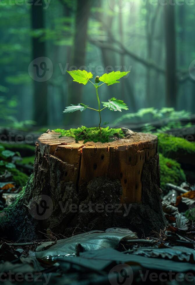 AI generated A tree stump with a green sprout growing from it photo