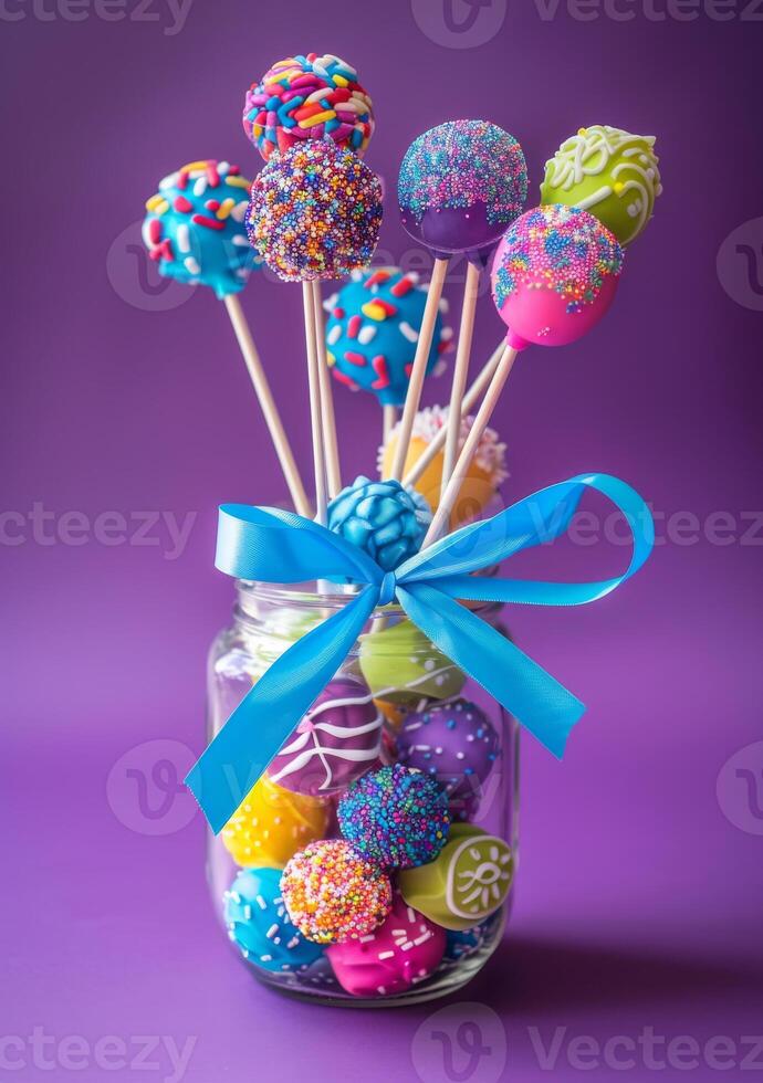 AI generated Colorful cake pops in jar on purple background photo