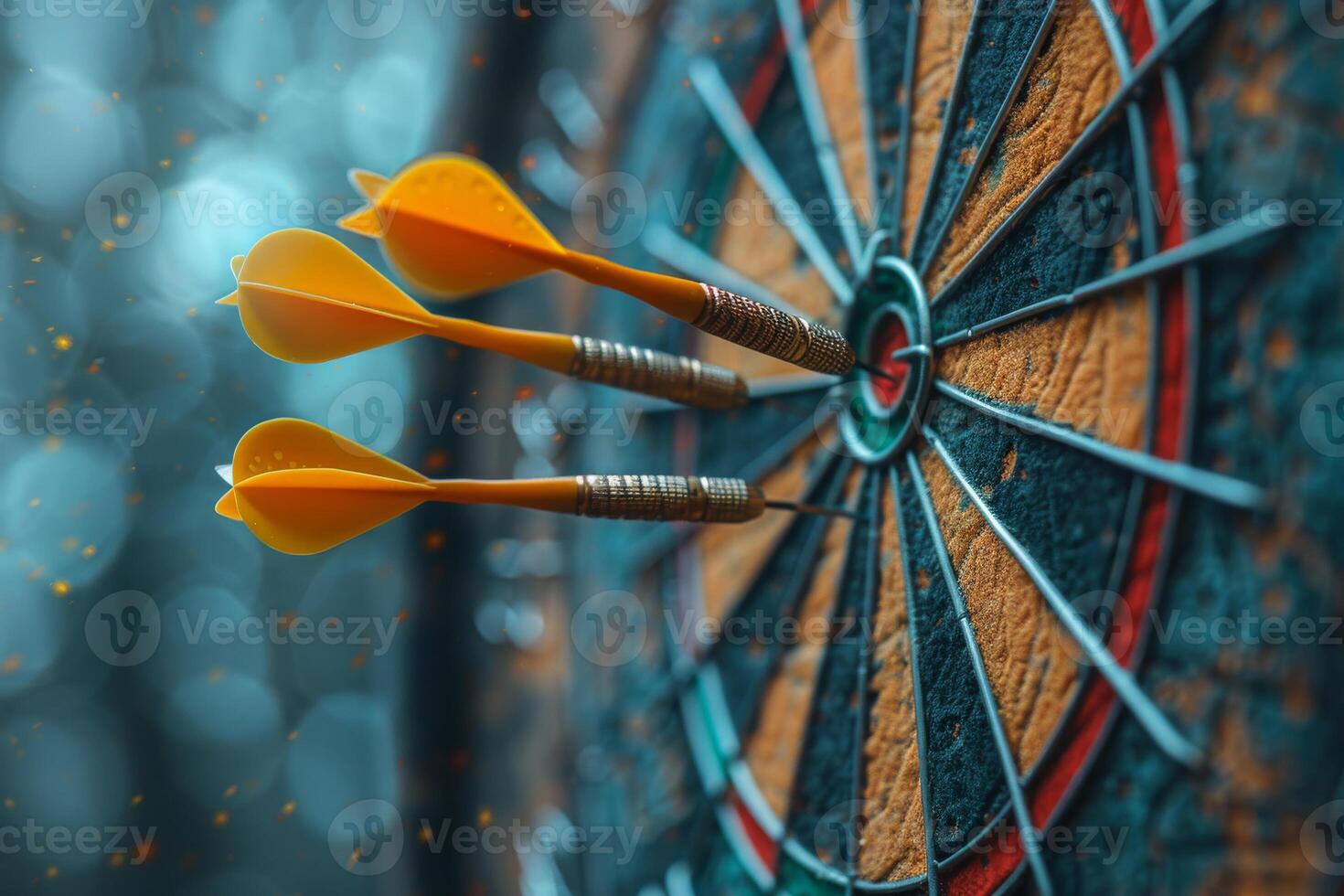 AI generated Three orange darts stuck in the center of the target photo