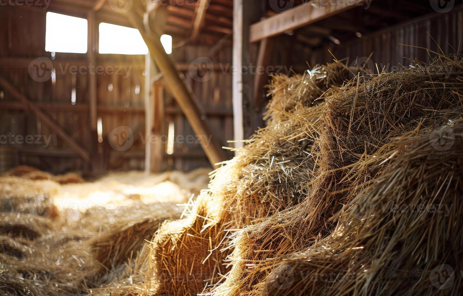 AI generated Hay bales in the barn and sunlight photo