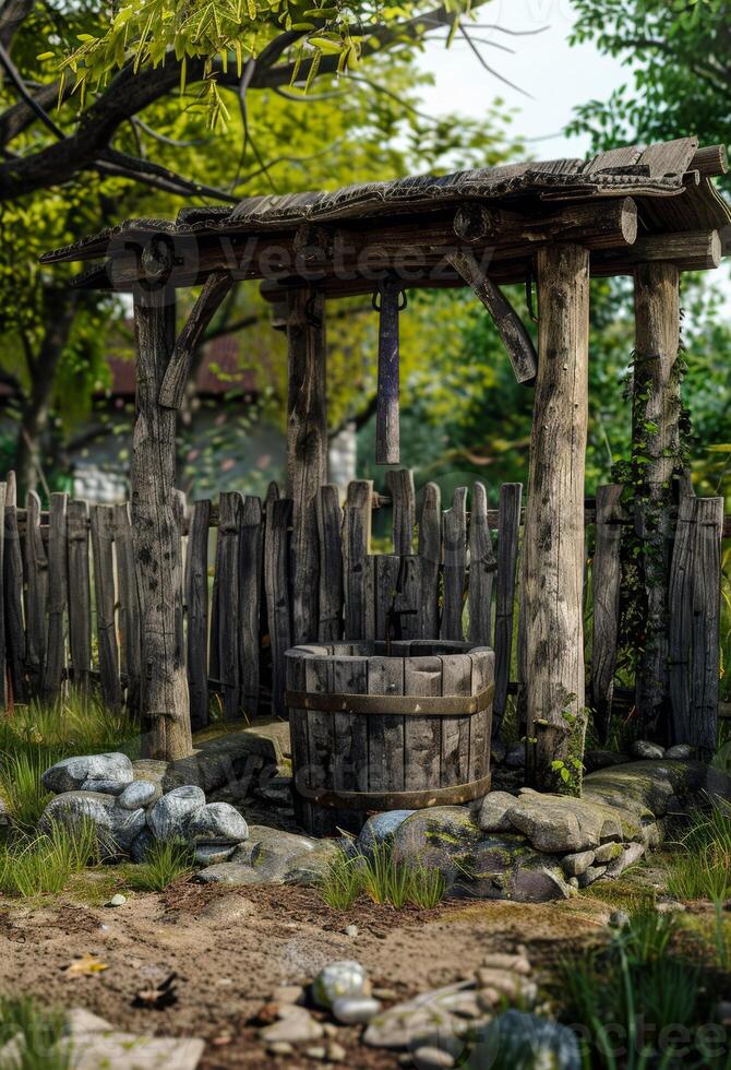 ai generado antiguo de madera bien en el jardín foto