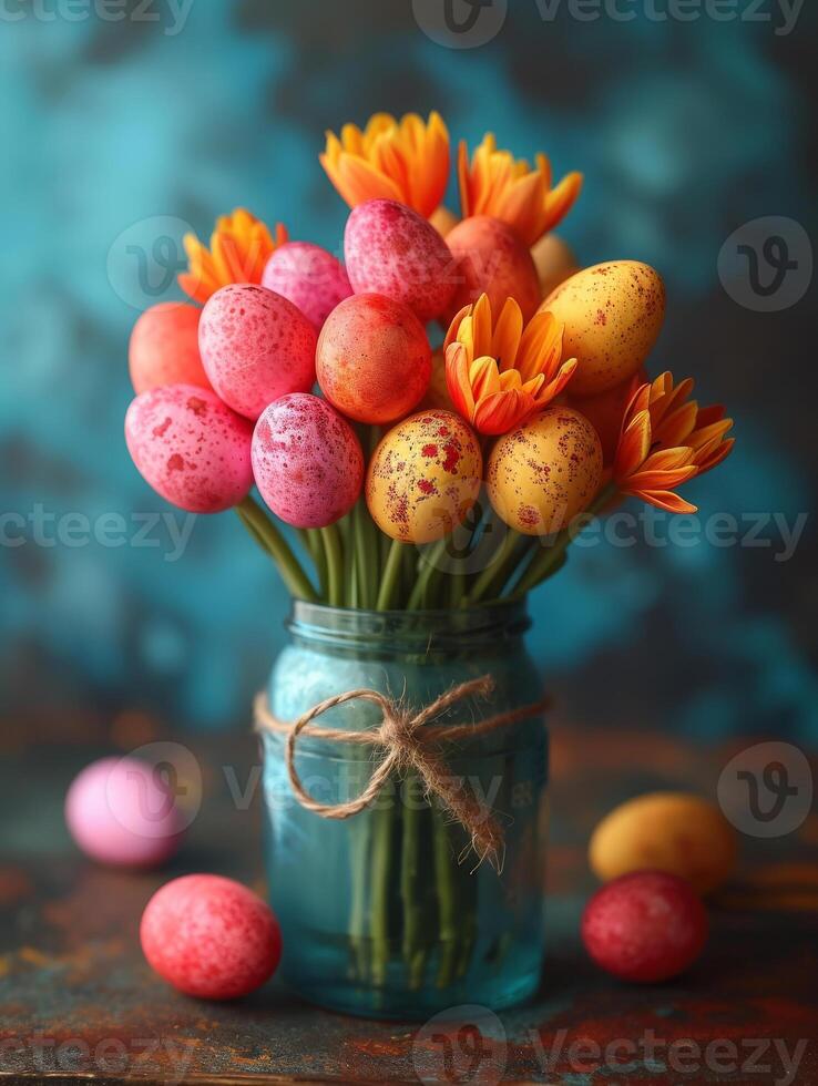 AI generated Colorful easter eggs and spring bouquet on wooden background. A bunch of colored eggs in glasses photo