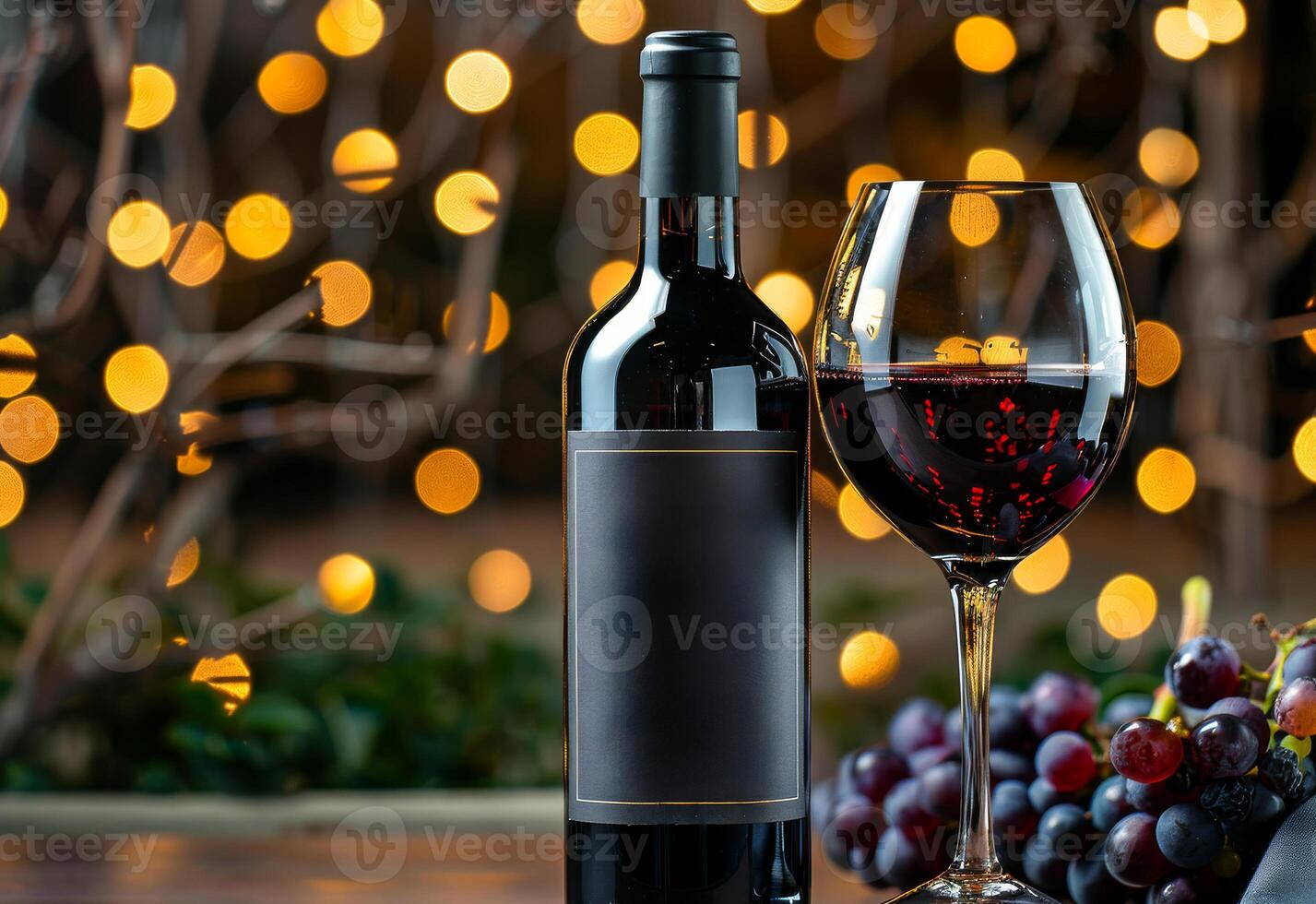 AI generated Red wine bottle and glass with grapes and Christmas lights in the background photo