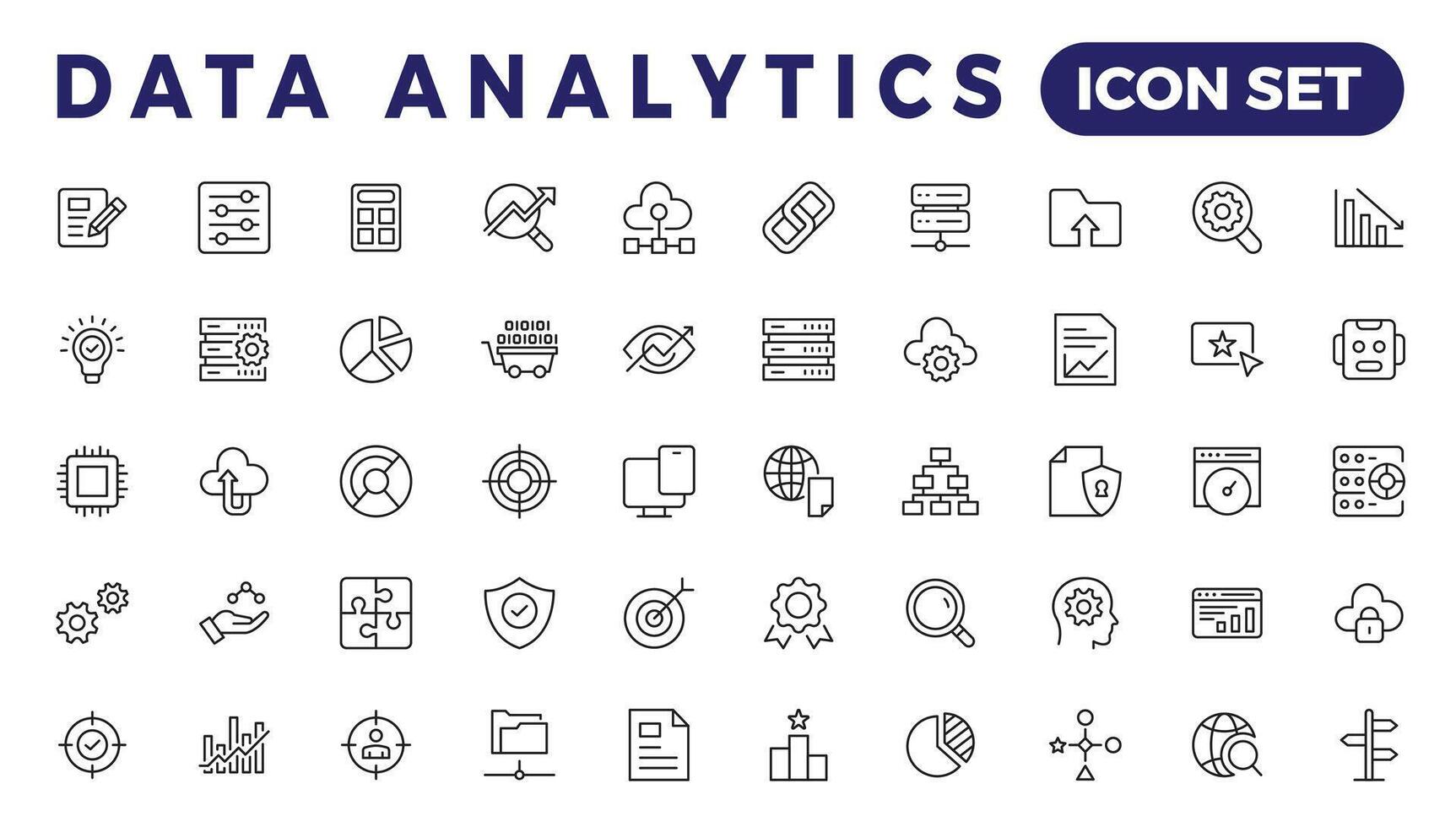 datos analítica web íconos conjunto en Delgado línea diseño. paquete de base de datos, grande datos proceso, ai, supervisión, tráfico, hospedaje servicio, mejoramiento, respaldo, gráfico y otro. vector contorno carrera icono diseño