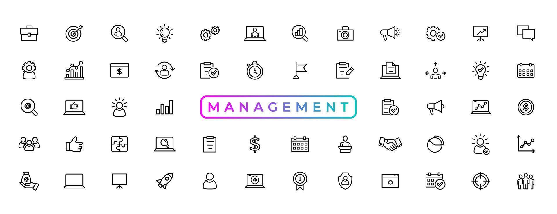Business Management Outline Icon Collection. Thin Line Set contains such Icons as Vision, Mission, Values, Human Resource, Experience and more. Simple web icons set. vector