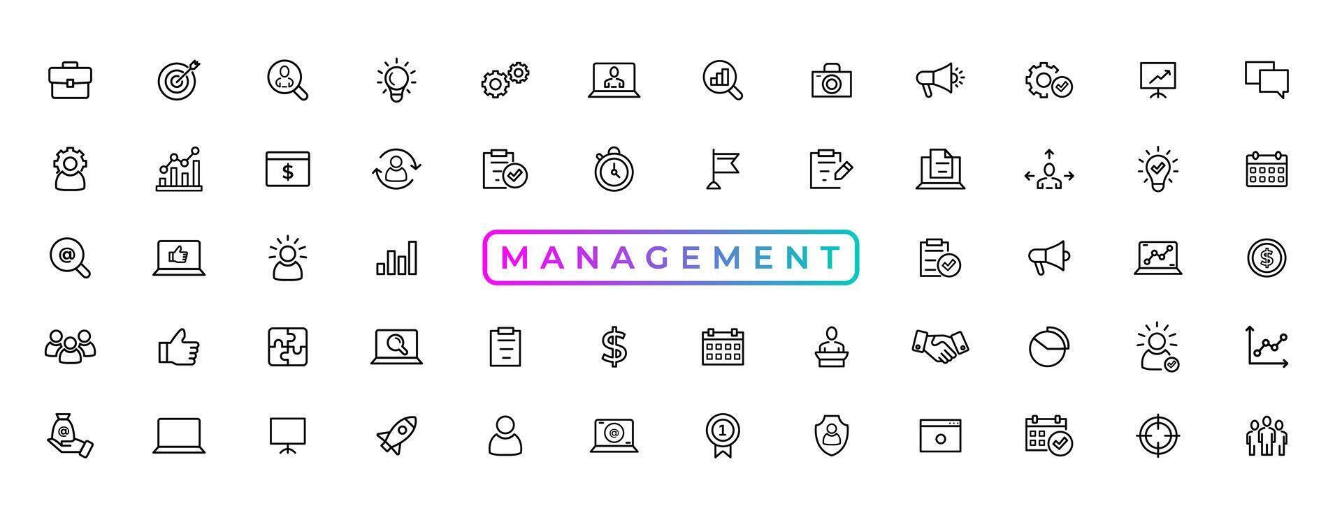 Business Management Outline Icon Collection. Thin Line Set contains such Icons as Vision, Mission, Values, Human Resource, Experience and more. Simple web icons set. vector