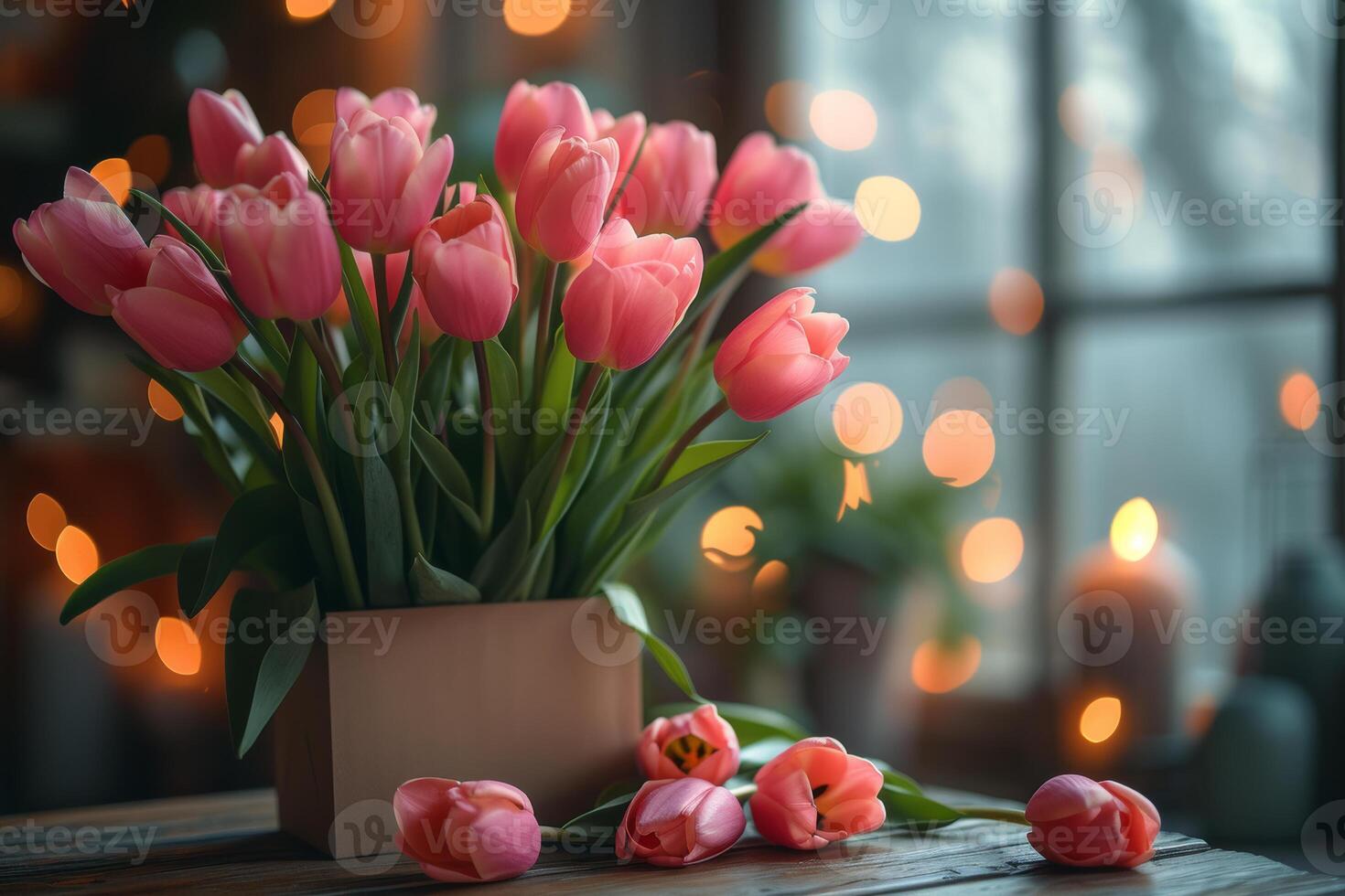 AI generated Pink tulips in vase on wooden table in front of window with warm bokeh and candles photo