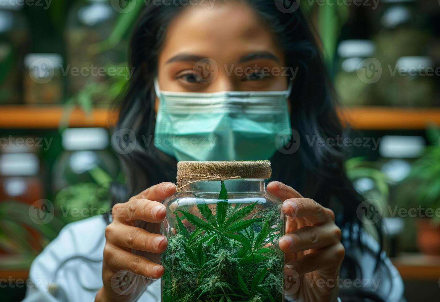 AI generated Woman is holding jar of cannabis in her hands. photo