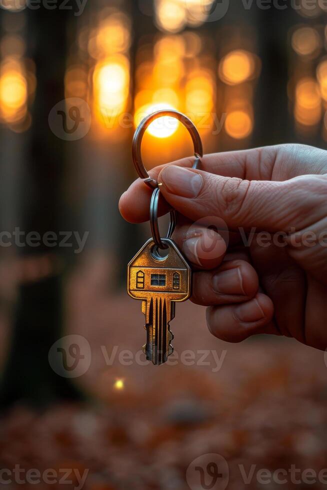 AI generated Hand holds key against the background of the forest at sunset photo