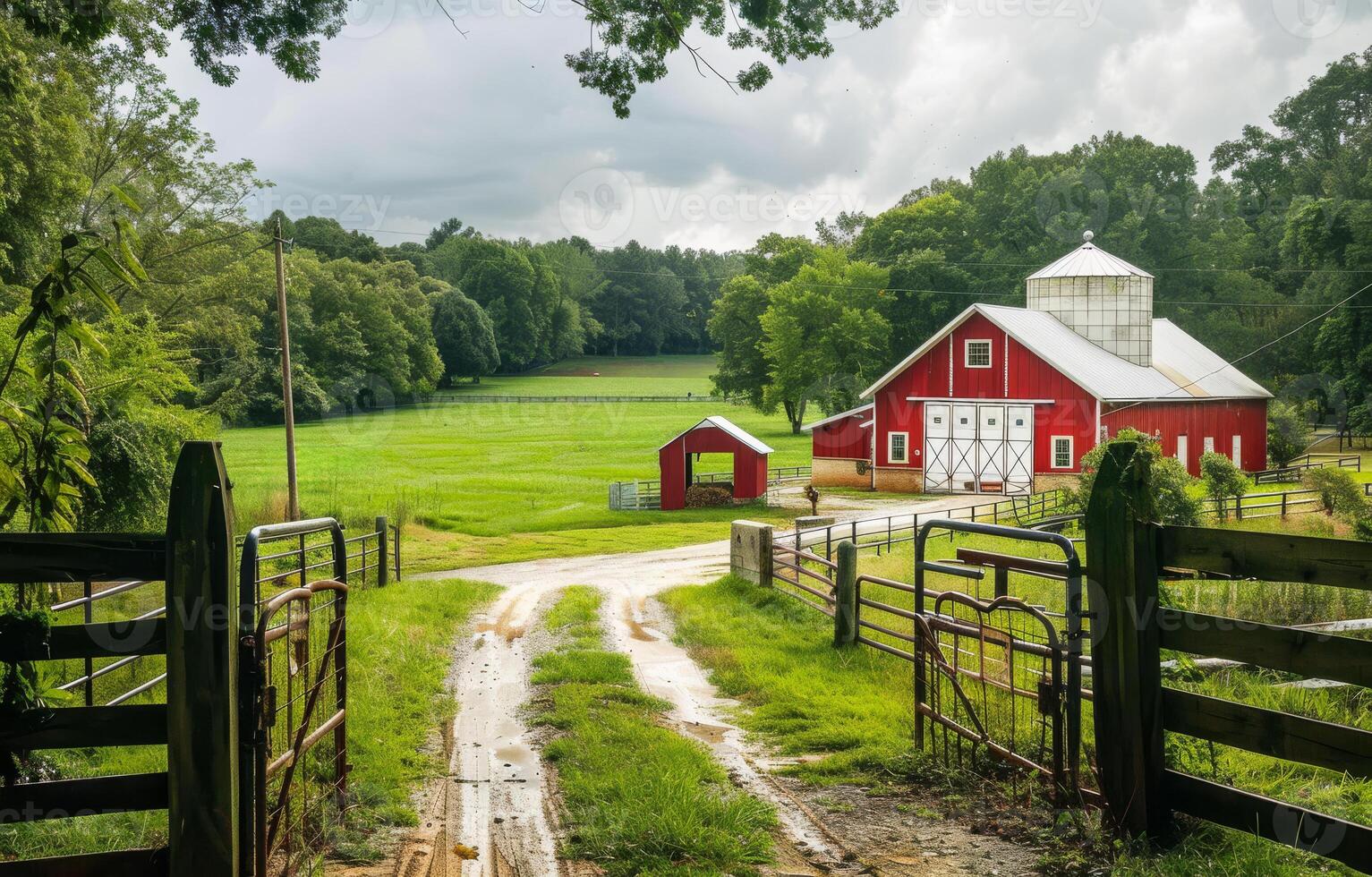 AI generated Red barn and red barn house in lush green field with dirt road and wooden fence in the foreground. photo