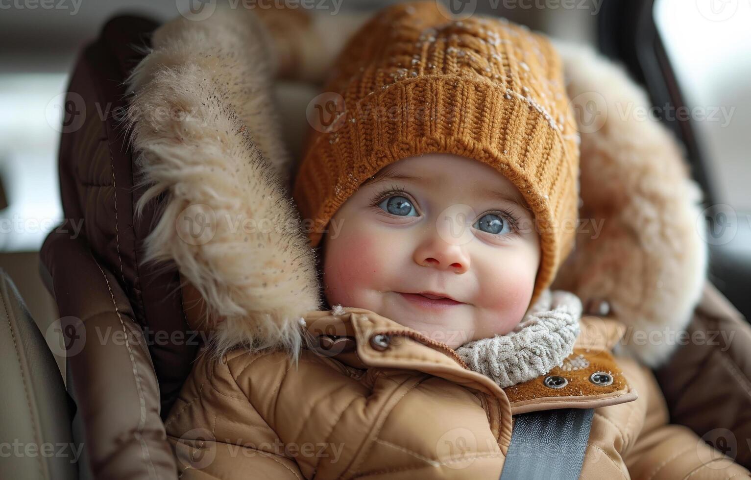 AI generated Little baby is sitting in car seat and smiling photo