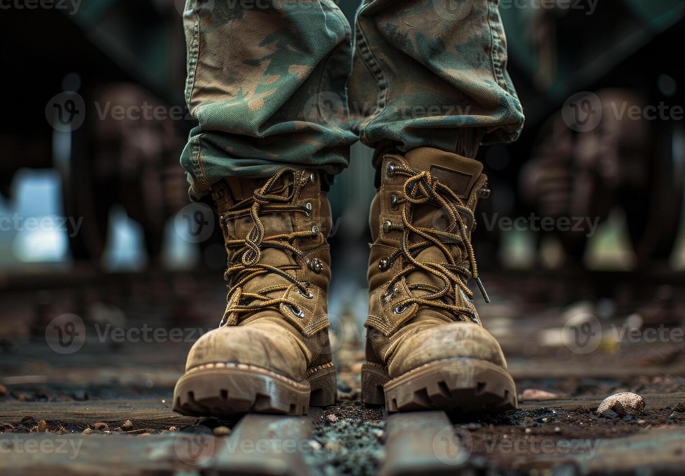 AI generated Military boots on the background of the bridge photo