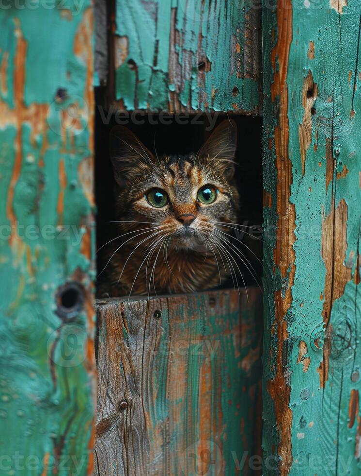 ai generado gato mira fuera de agujero en antiguo de madera puerta foto