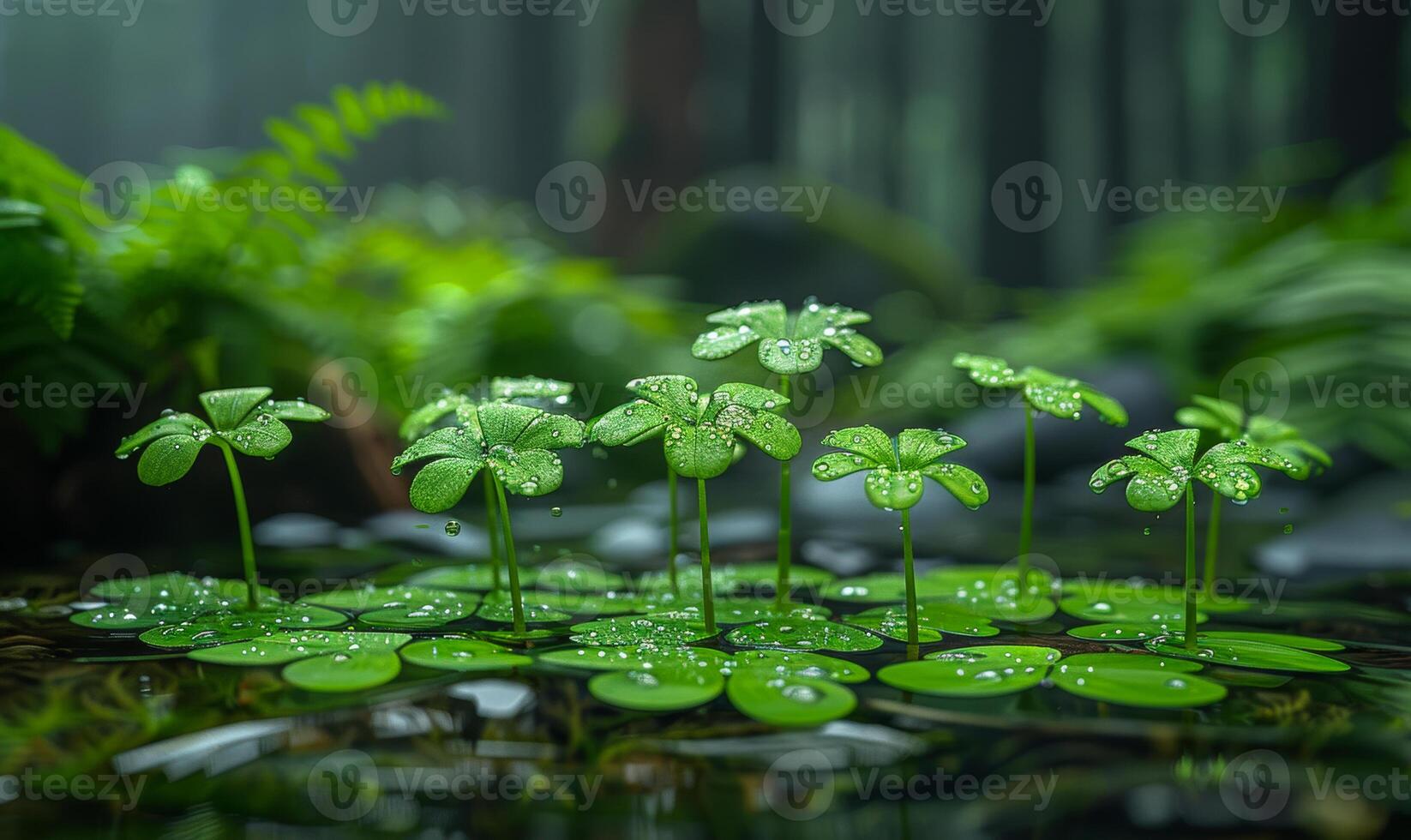 AI generated Green plants and water in the forest. A shamrock leaves. photo