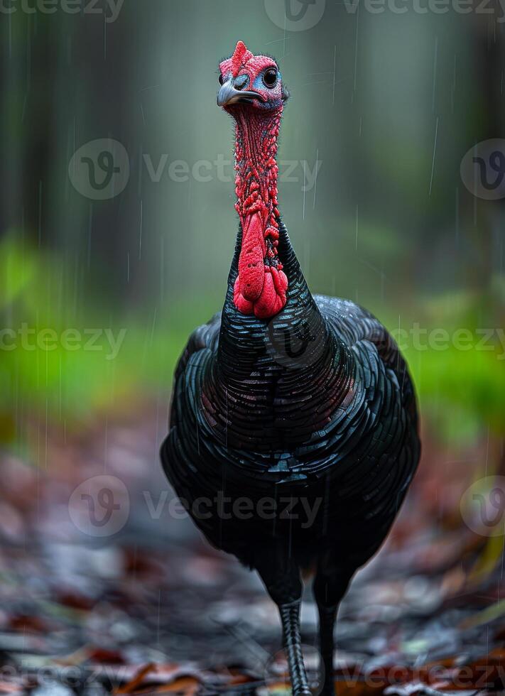 ai generado Turquía soportes en el lluvia en mojado bosque piso. foto