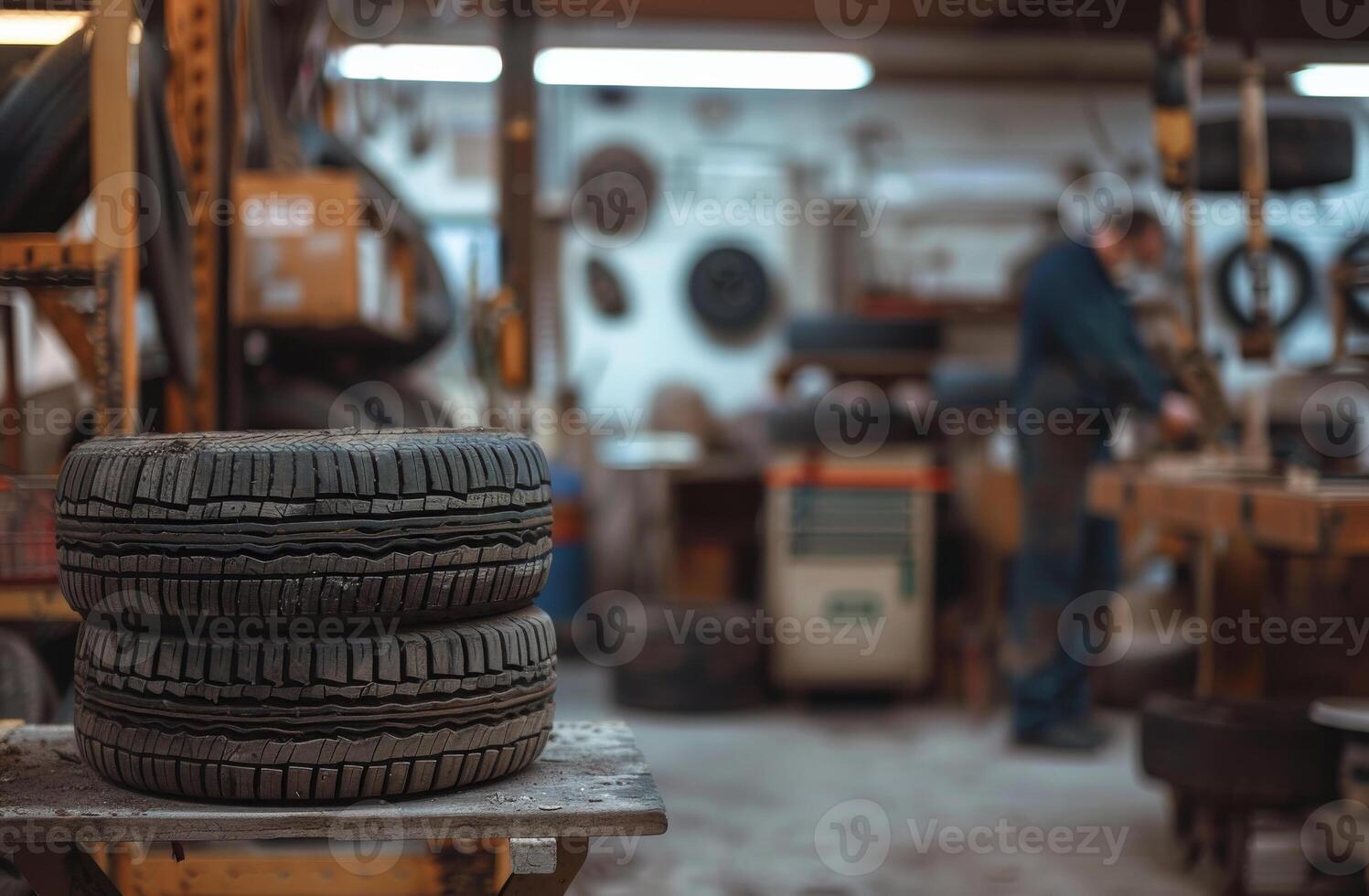 AI generated Car tires are on the table in the background of the workshop photo