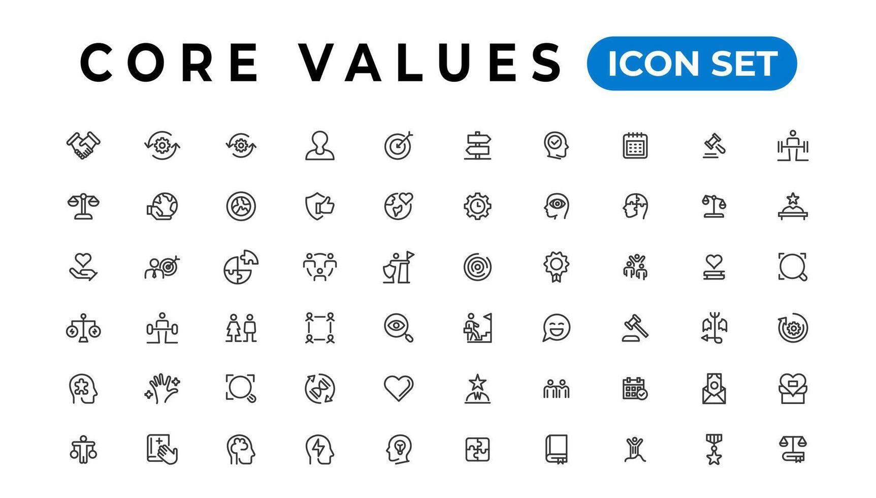 Core value icon banner collection. Containing innovation, goals, responsibility, integrity, customers, commitment, quality, teamwork, reliability and inclusion. Vector solid collection of icons