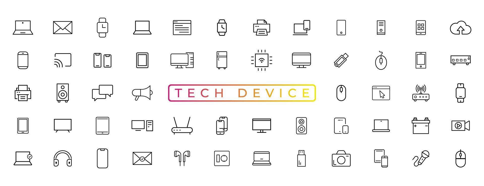 Device and technology line icon set. Electronic devices and gadgets, computer, equipment and electronics. Computer monitor, smartphone, tablet and laptop sumbol collection - stock ... vector