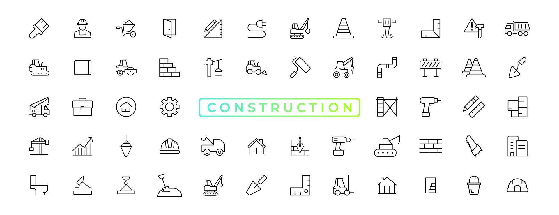 Construction line icons set. Home repair tools outline icons collection. Construction tools, builders and equipment symbols. Builder, crane, engineering, equipment, helmet, tool, house - stock vector. vector