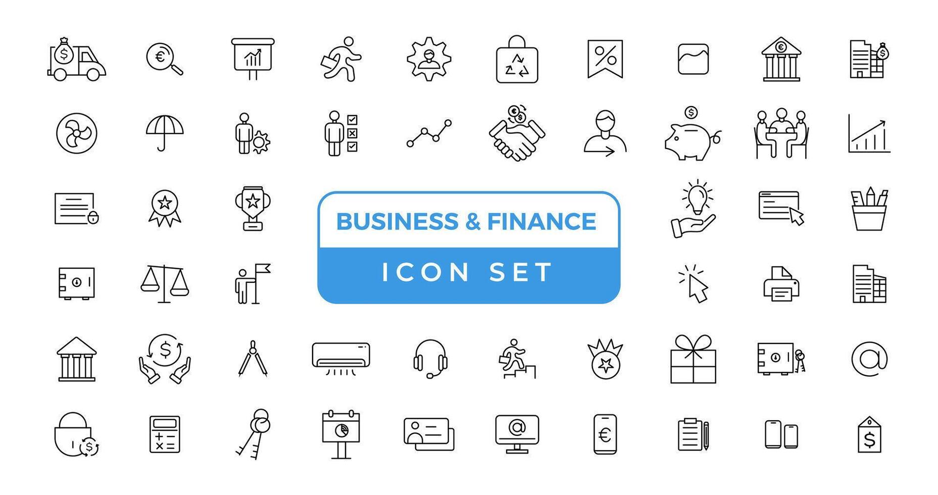business and finance editable stroke line icon set with money, bank, check, law, auction, exchance, payment, wallet, deposit, piggy, calculator, web and more isolated outline thin symbol. vector