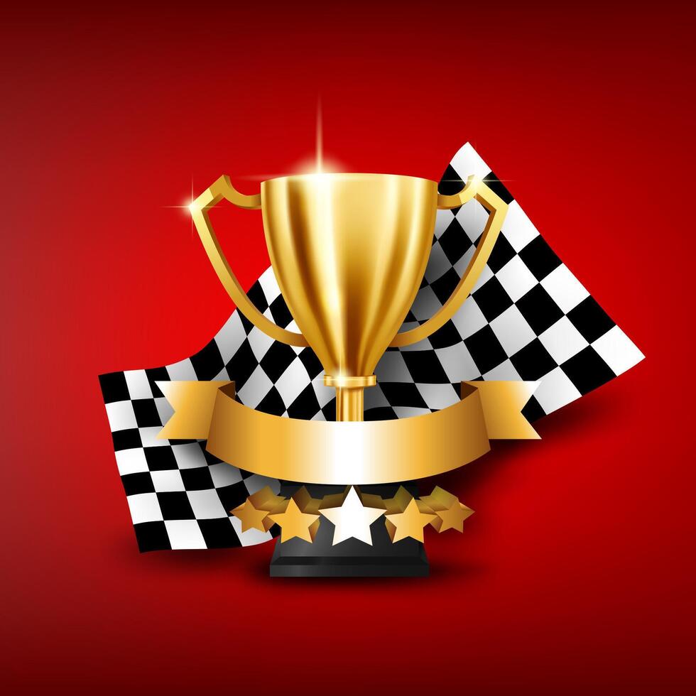 realista dorado trofeo con a cuadros bandera carreras campeonato y sitio para texto, vector ilustración