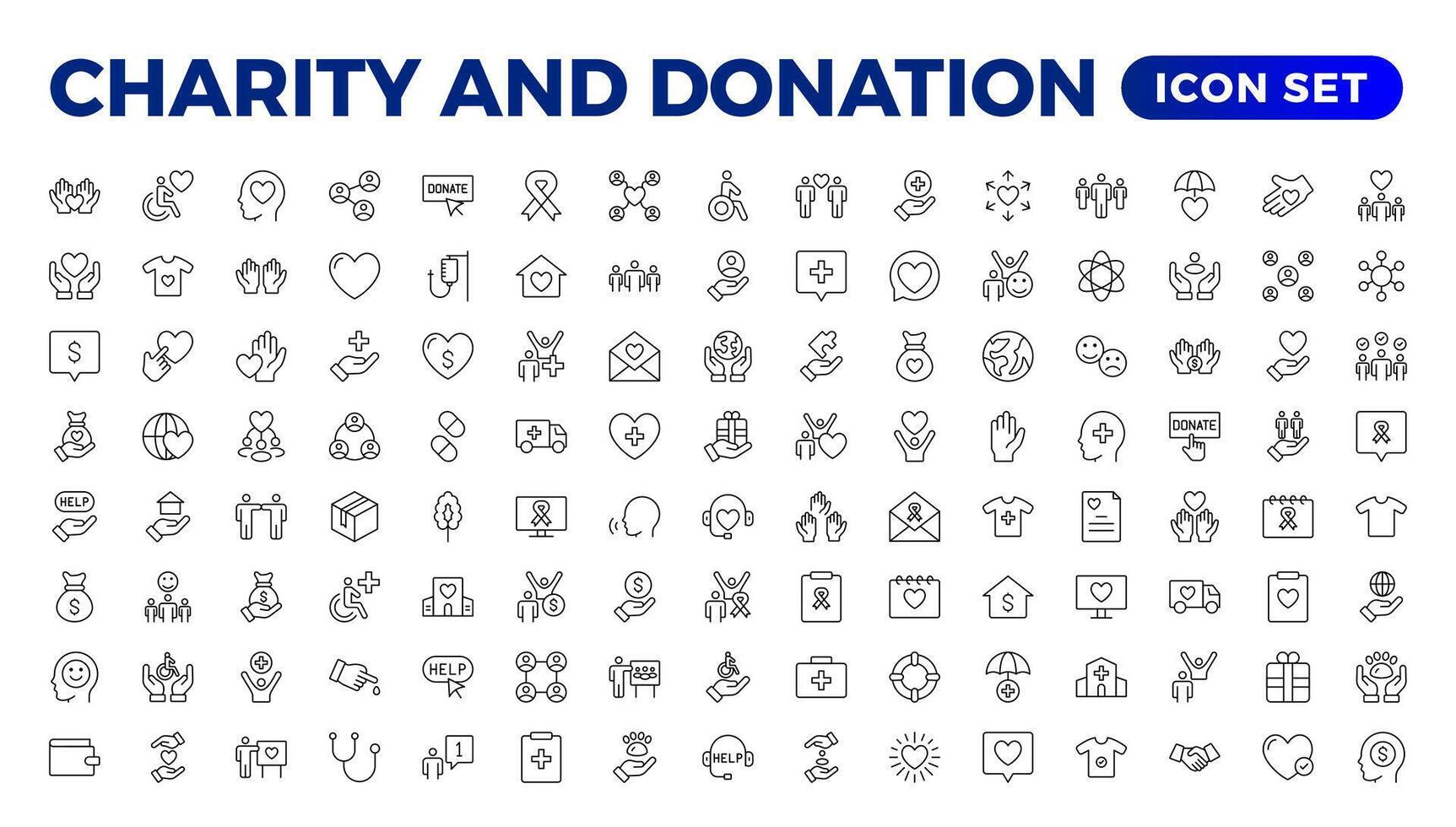 charity and donation icon set. charity and donation icon set, Help, volunteer, donated assistance, sharing, and solidarity symbol. Solid icons vector collection.