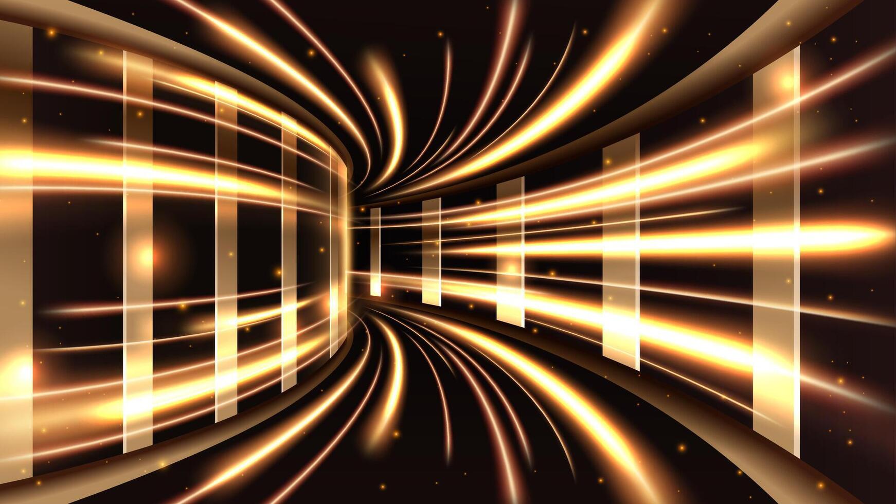 Abstract Gold Light Lines Passed along The Edge of The Hallway, Vector Illustration