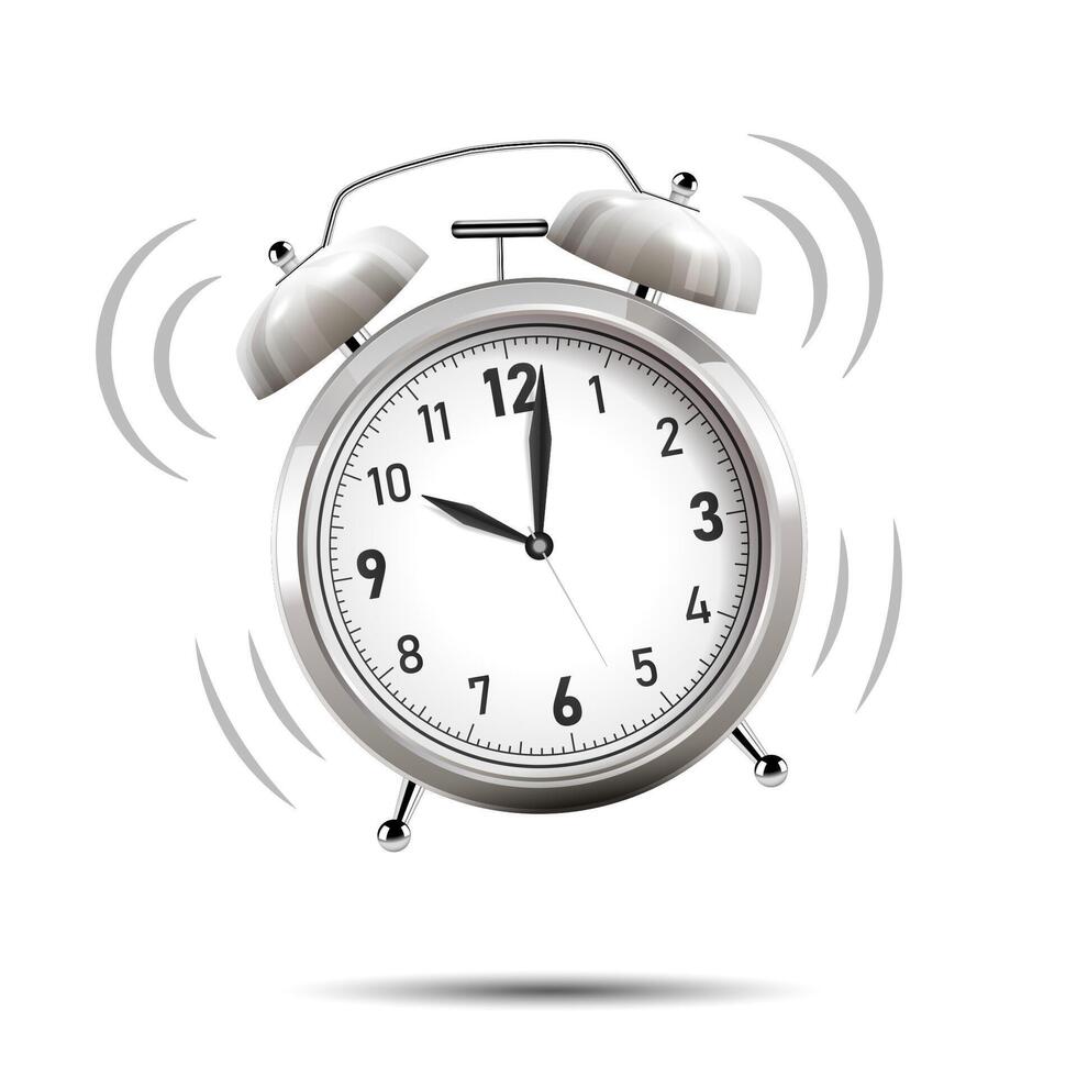 Realistic Chrome Alarm Clock Ringing, Isolated on White Background, Vector Illustration