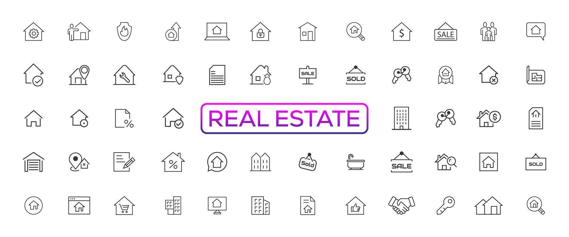 Real Estate minimal thin line web icon set. Included the icons as realty, property, mortgage, home loan and more. Outline icons collection. Simple vector illustration