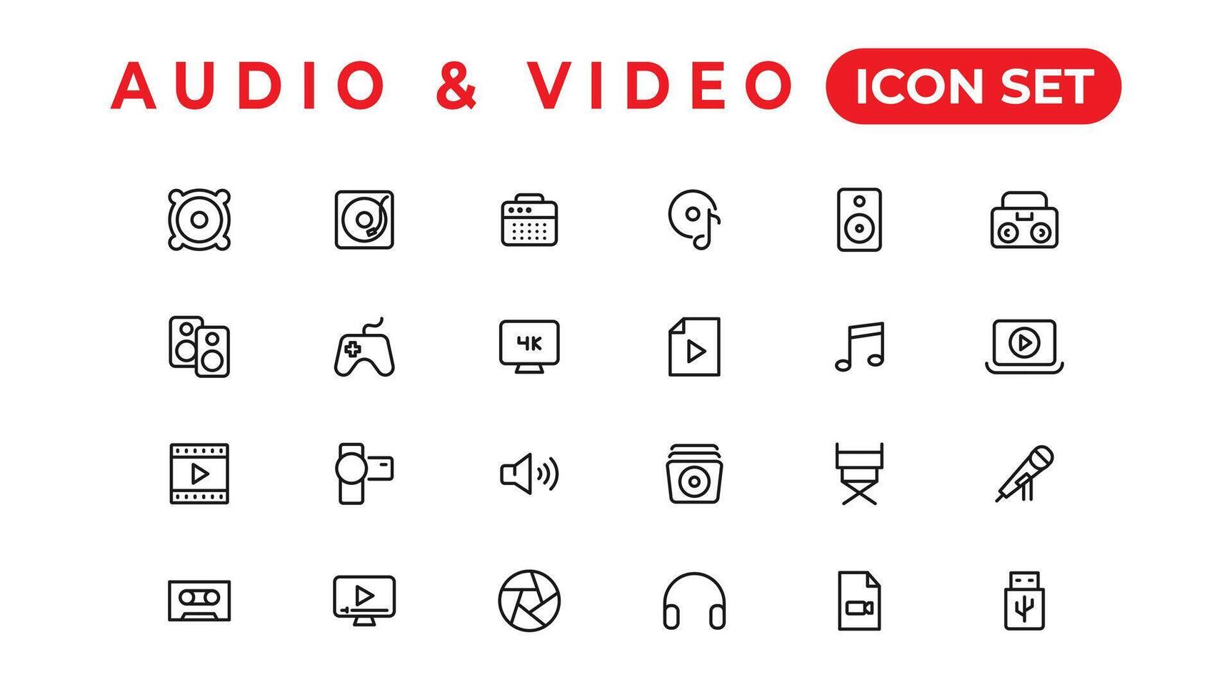 Audio Video Icons Pack. Thin line icons set. Flat icon collection set. Simple vector icons