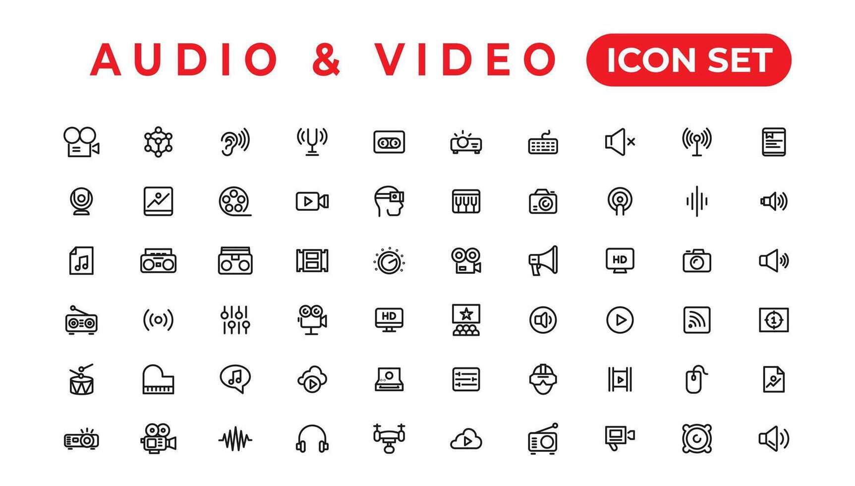 paquete de iconos de audio y video. conjunto de iconos de línea delgada. conjunto de colección de iconos planos. iconos vectoriales simples vector