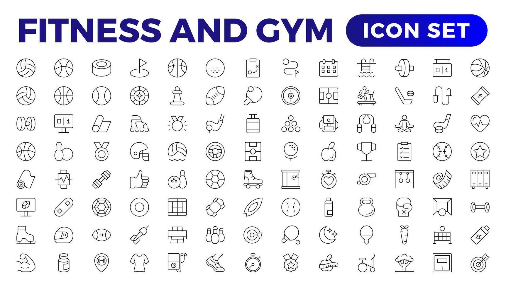 Set of Thin line icons Fitness and Sport. Collection Outline fitness, gym health care. Healthy lifestyle set. Active life - organic food, time management, scales, bicycle, hiking. Outline icon set. vector