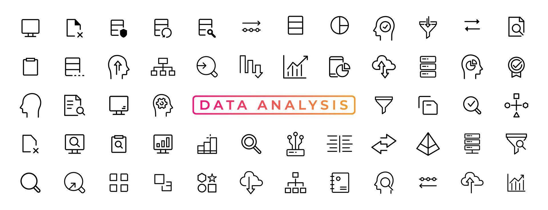 grande datos análisis Delgado línea icono colocar. datos Procesando contorno pictogramas para sitio web y móvil aplicación interfaz gráfica de usuario digital analítica sencillo ui, ux vector íconos