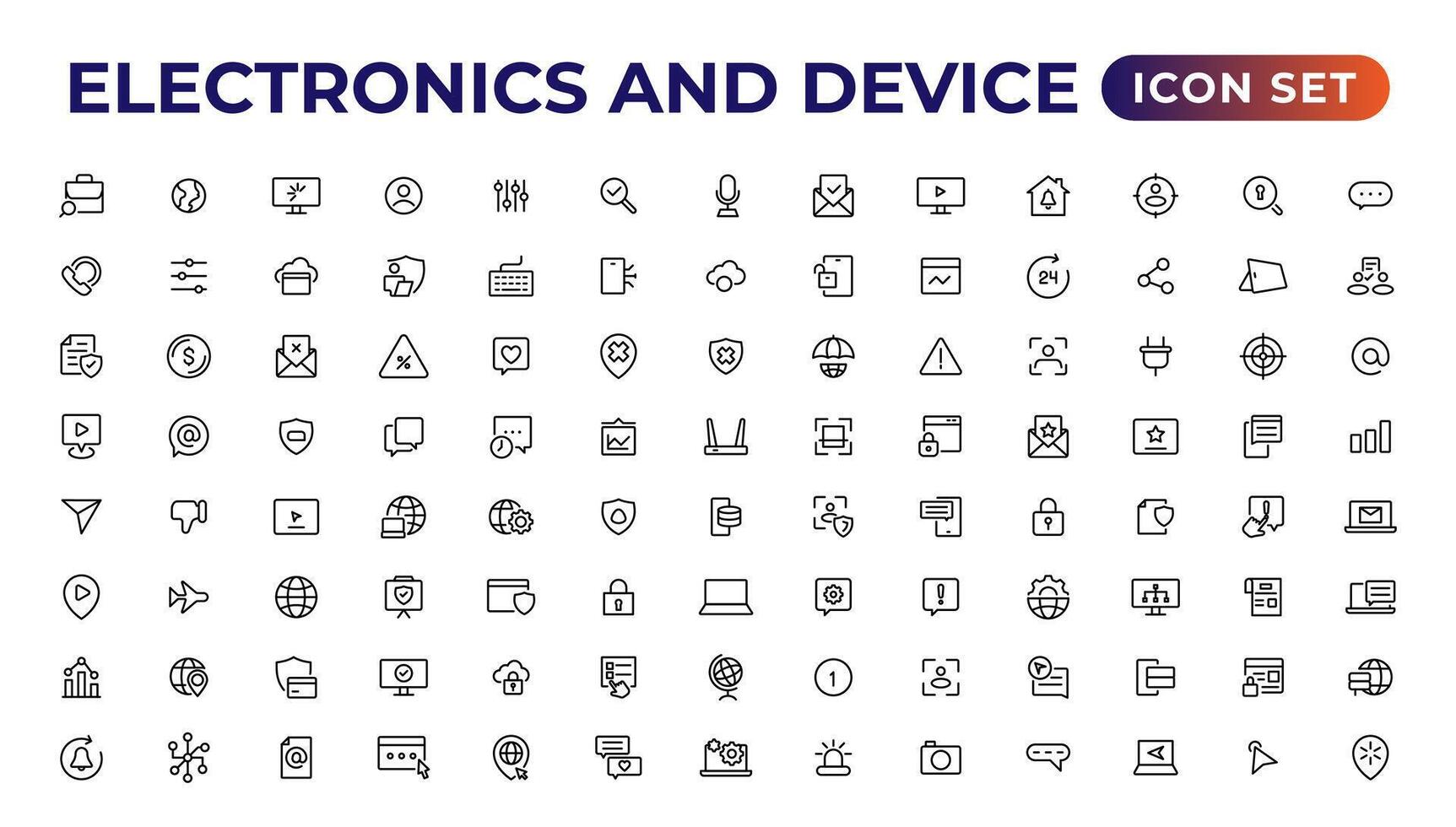 electrónica y dispositivo líneas icono colocar. electrónico dispositivos y artilugio, computadora, equipo y electrónica. computadora monitor, teléfono inteligente, tableta y ordenador portátil sumbol recopilación. vector