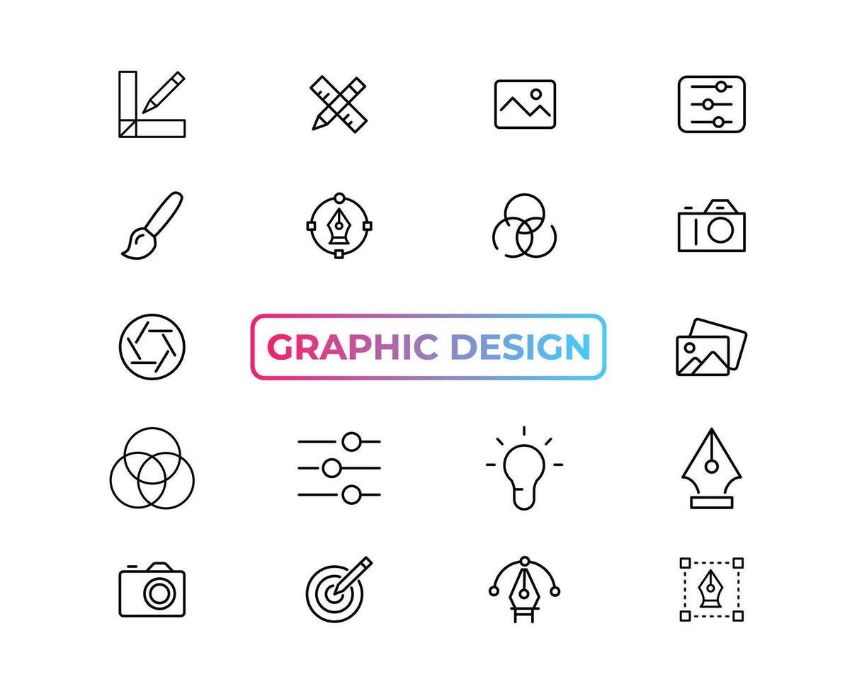 Set of thin line icons of graphic design. Simple linear icons in a modern style flat, Creative Process. Graphic design, creative package, stationary, software and more simple UI, UX vector icons