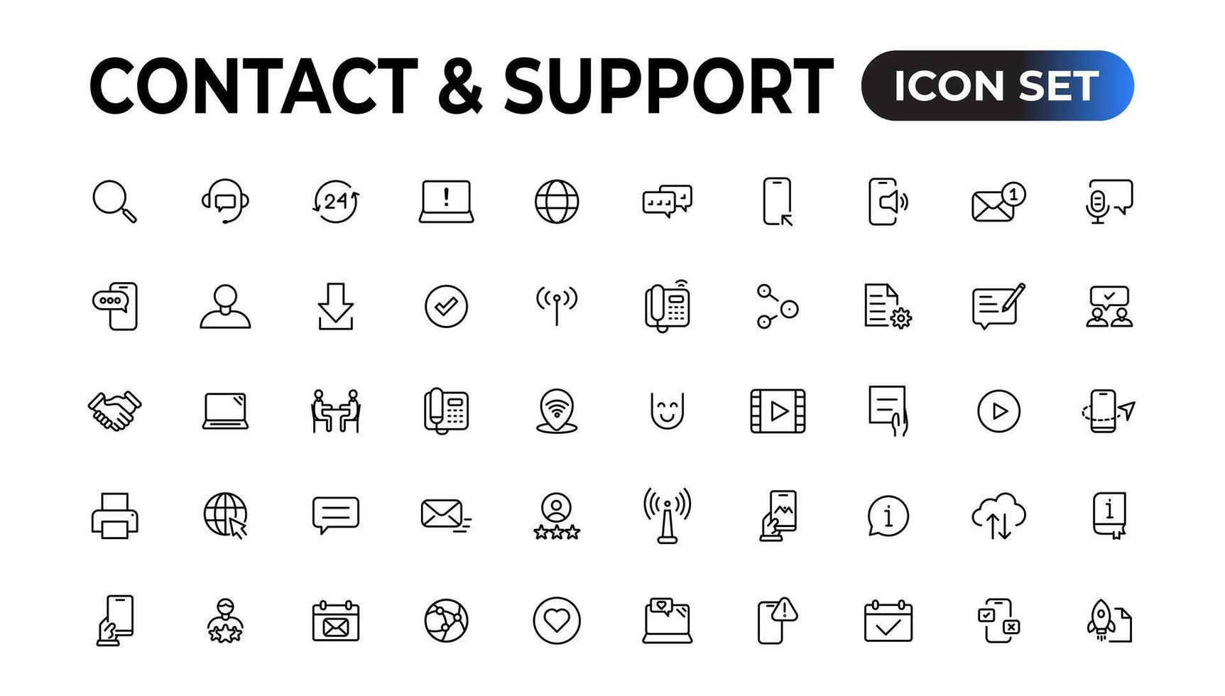 Contact and support web icons in line style. Web and mobile icon. Chat, support, message, phone. Vector illustration.