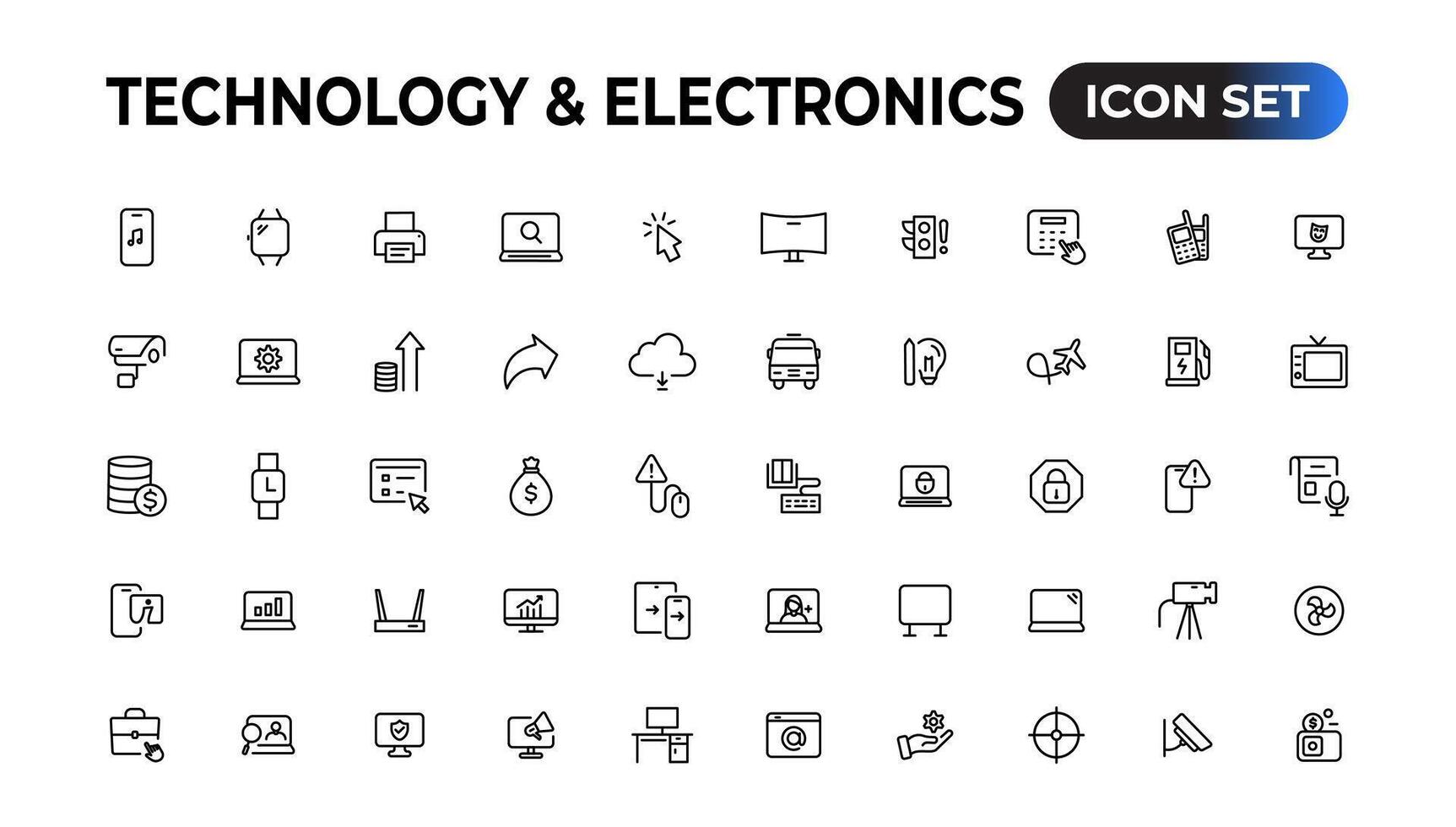 tecnología y electrónica y dispositivos web íconos en línea estilo. dispositivo, teléfono, computadora portátil, comunicación, teléfono inteligente, comercio electrónico vector ilustración.