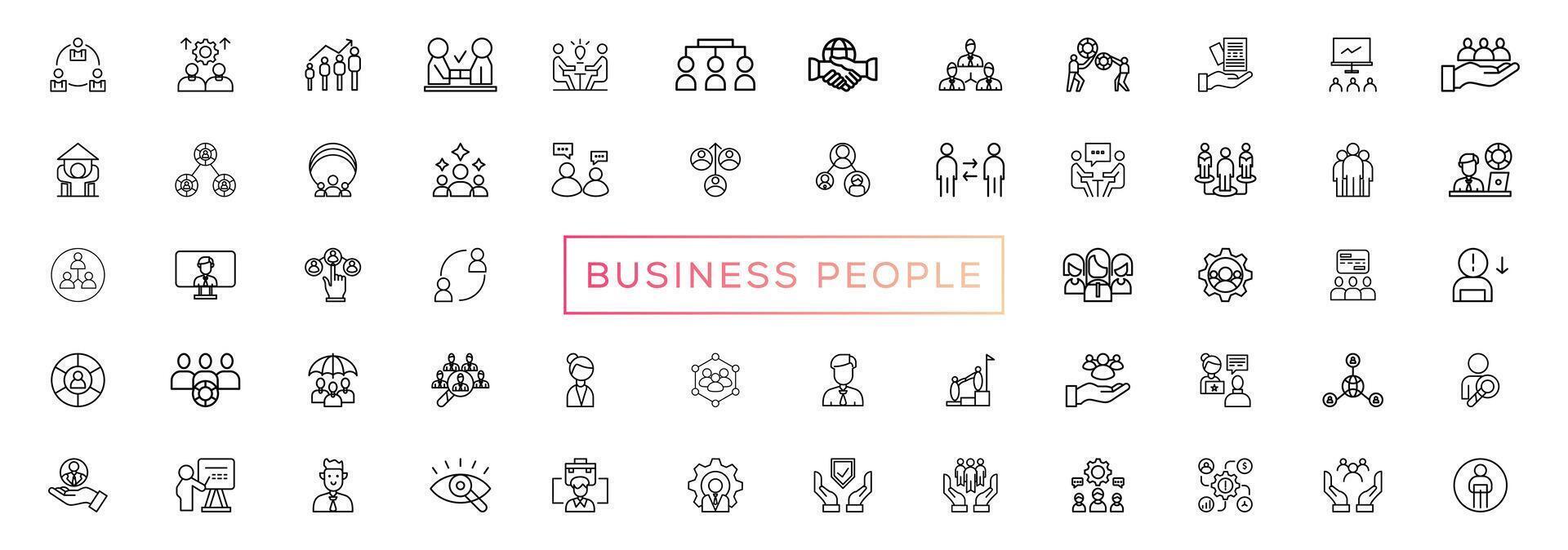 Business people line icons set. Businessman outline icons collection. Teamwork, human resources, meeting, partnership, meeting, work group, success, resume vector