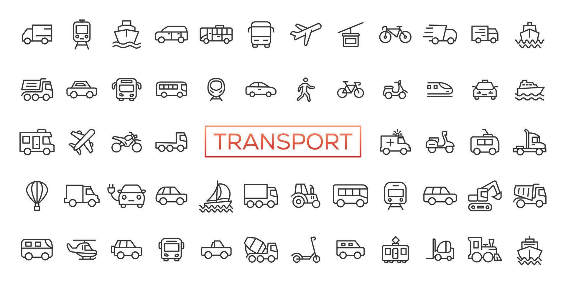 transporte Delgado línea íconos colocar. vehículo iconos transporte símbolos recopilación. transporte tipos vector ilustración