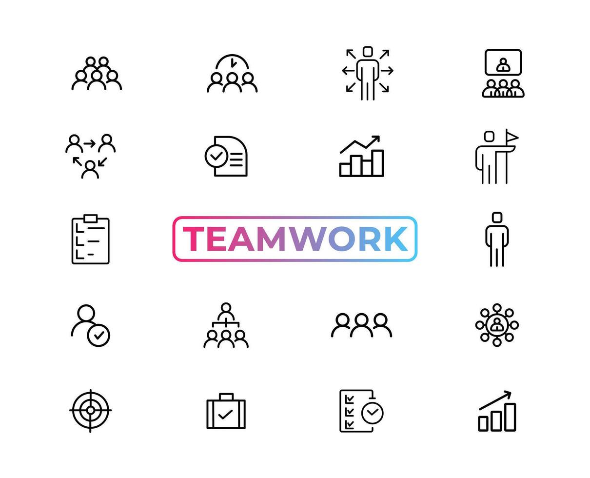 Teamwork line icons set. Businessman outline icons collection. Work group and human resources. Business teamwork, human resources, meeting, partnership, meeting, work group, success - stock vector. vector