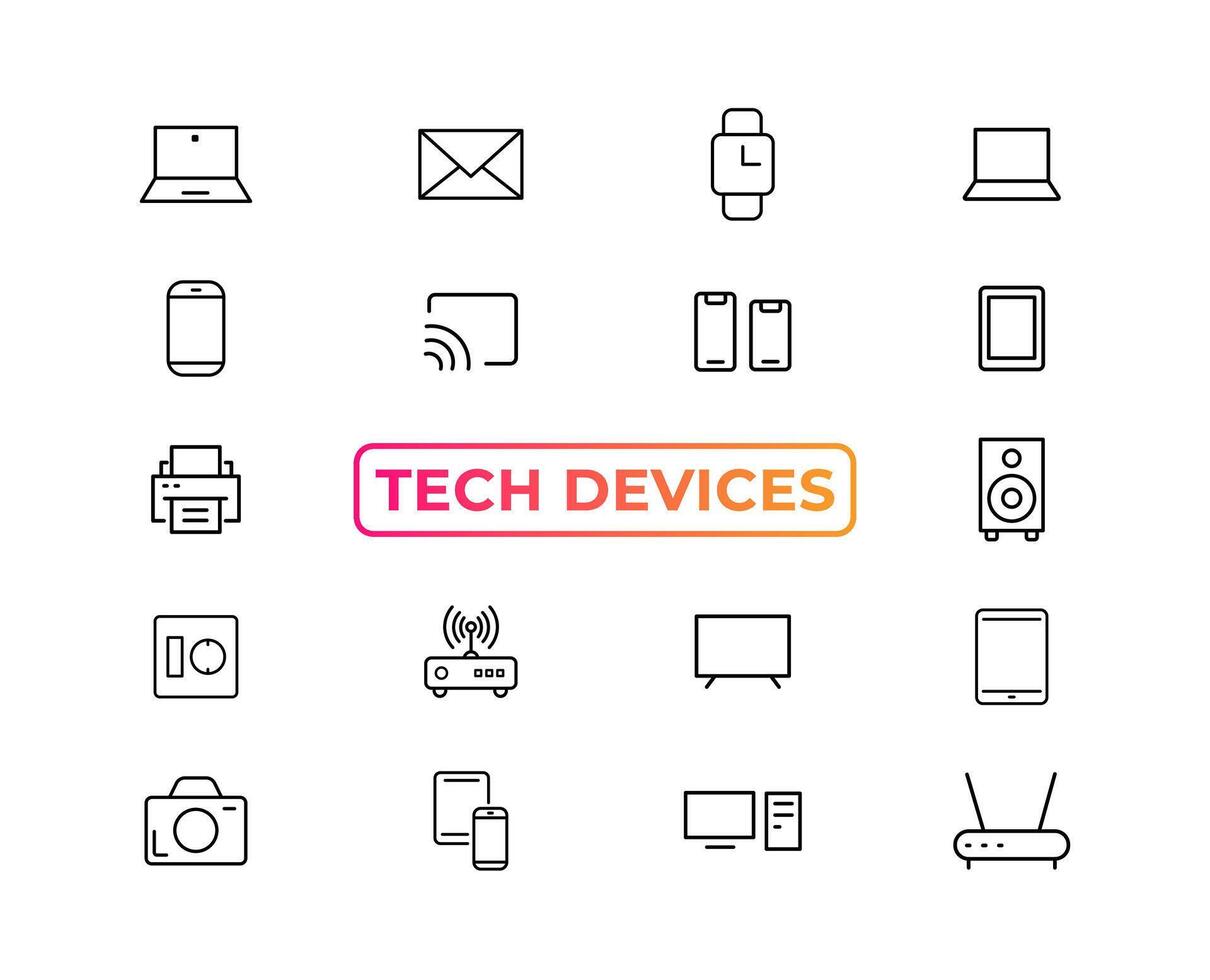 Device and technology line icon set. Electronic devices and gadgets, computer, equipment and electronics. Computer monitor, smartphone, tablet and laptop sumbol collection - stock ... vector