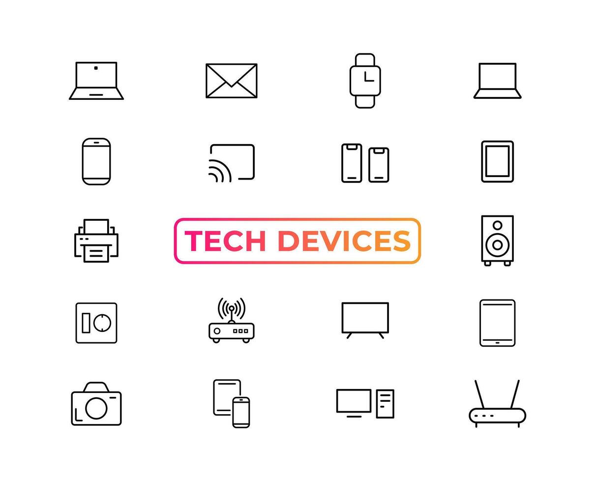 dispositivo y tecnología línea icono colocar. electrónico dispositivos y artilugio, computadora, equipo y electrónica. computadora monitor, teléfono inteligente, tableta y ordenador portátil sumbol colección - valores ... vector