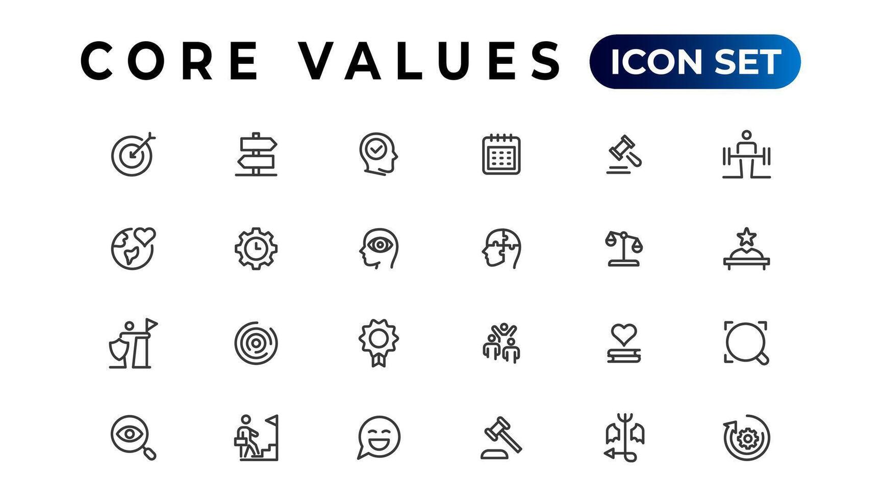 Core value icon banner collection. Containing innovation, goals, responsibility, integrity, customers, commitment, quality, teamwork, reliability and inclusion. Vector solid collection of icons