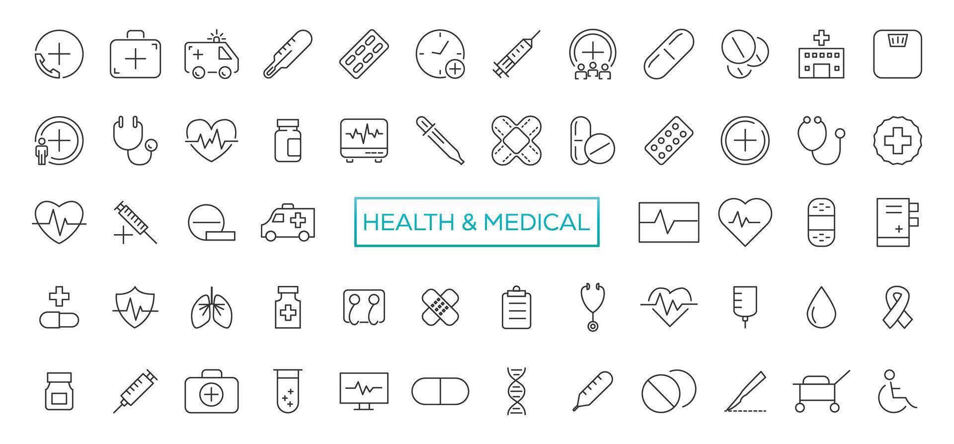 Medical Icons Set. Line Icons, Sign and Symbols in Flat Linear Design Medicine and Health Care with Elements for Mobile Concepts and Web Apps vector