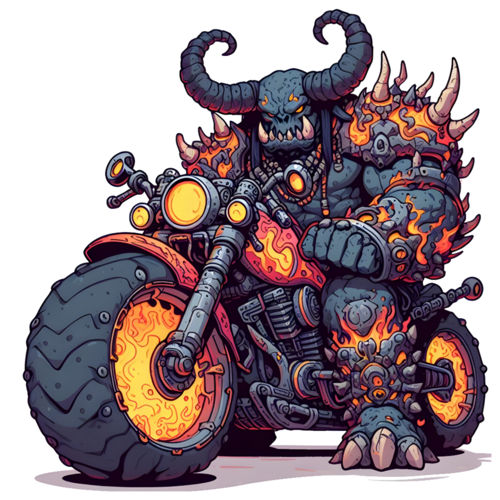AI generated cartoon demon riding a motorcycle with flames on it png