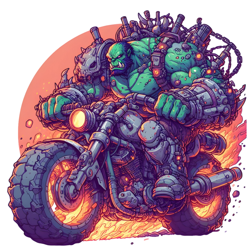 AI generated hulk riding a motorcycle with flames on it png