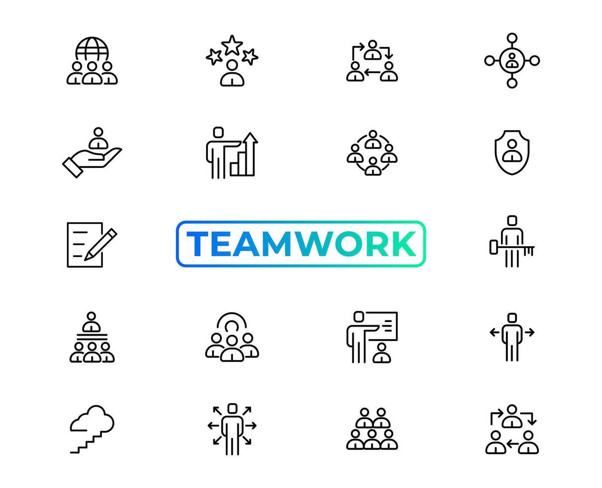 trabajo en equipo línea íconos colocar. empresario contorno íconos recopilación. trabajo grupo y humano recursos. negocio trabajo en equipo, humano recursos, reunión, camaradería, reunión, trabajo grupo, éxito - valores vector. vector